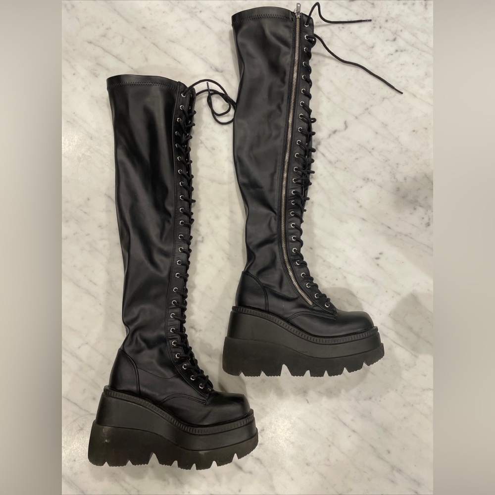 DEMONIA Over-The-Knee Faux Leather Shaker Boots BLACK Women US SIZE 8